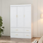 3 Door Wardrobe Armoire Closet, Bedroom Armoire with 4 Drawers & Shelves, Clothes Wardrobe with Hanging Rod & Gold Handles, for Bedroom Cloakroom, White, 20.6”D x 47.2”W x 74.2”H - Grand Goldman
