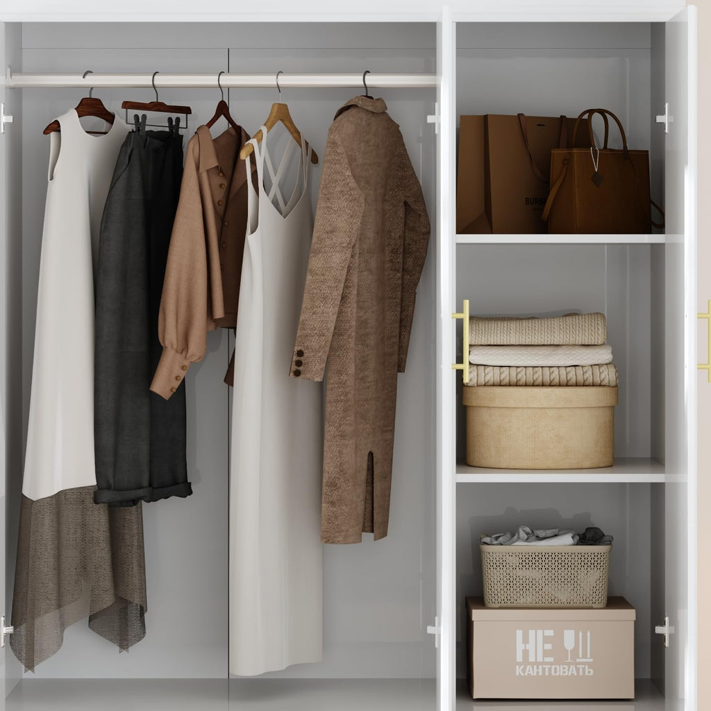3 Door Wardrobe Armoire Closet, Bedroom Armoire with 4 Drawers & Shelves, Clothes Wardrobe with Hanging Rod & Gold Handles, for Bedroom Cloakroom, White, 20.6”D x 47.2”W x 74.2”H - Grand Goldman