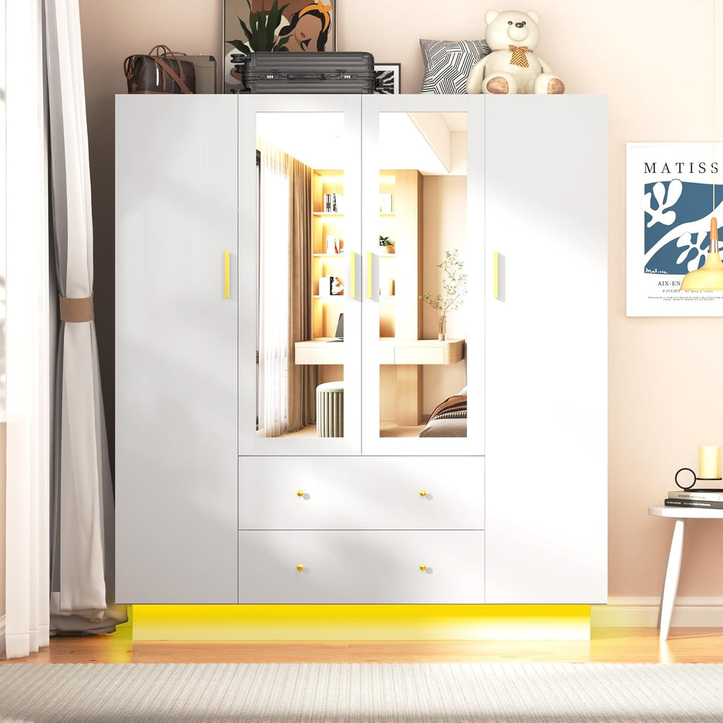 3 Doors Armoire Wardrobe Closet with Mirror, LED Armoire with Doors and Drawers, Wooden Armoire Storage Cabinet with Hanging Rod, Adjustable Shelves, Brown - Grand Goldman