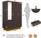3 Doors Armoire Wardrobe Closet with Mirror, LED Armoire with Doors and Drawers, Wooden Armoire Storage Cabinet with Hanging Rod, Adjustable Shelves, Brown - Grand Goldman