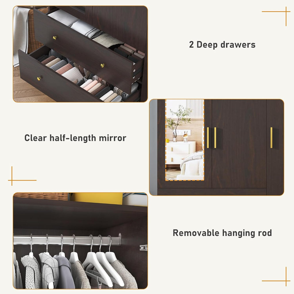 3 Doors Armoire Wardrobe Closet with Mirror, LED Armoire with Doors and Drawers, Wooden Armoire Storage Cabinet with Hanging Rod, Adjustable Shelves, Brown - Grand Goldman