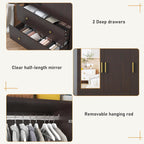 3 Doors Armoire Wardrobe Closet with Mirror, LED Armoire with Doors and Drawers, Wooden Armoire Storage Cabinet with Hanging Rod, Adjustable Shelves, Brown - Grand Goldman