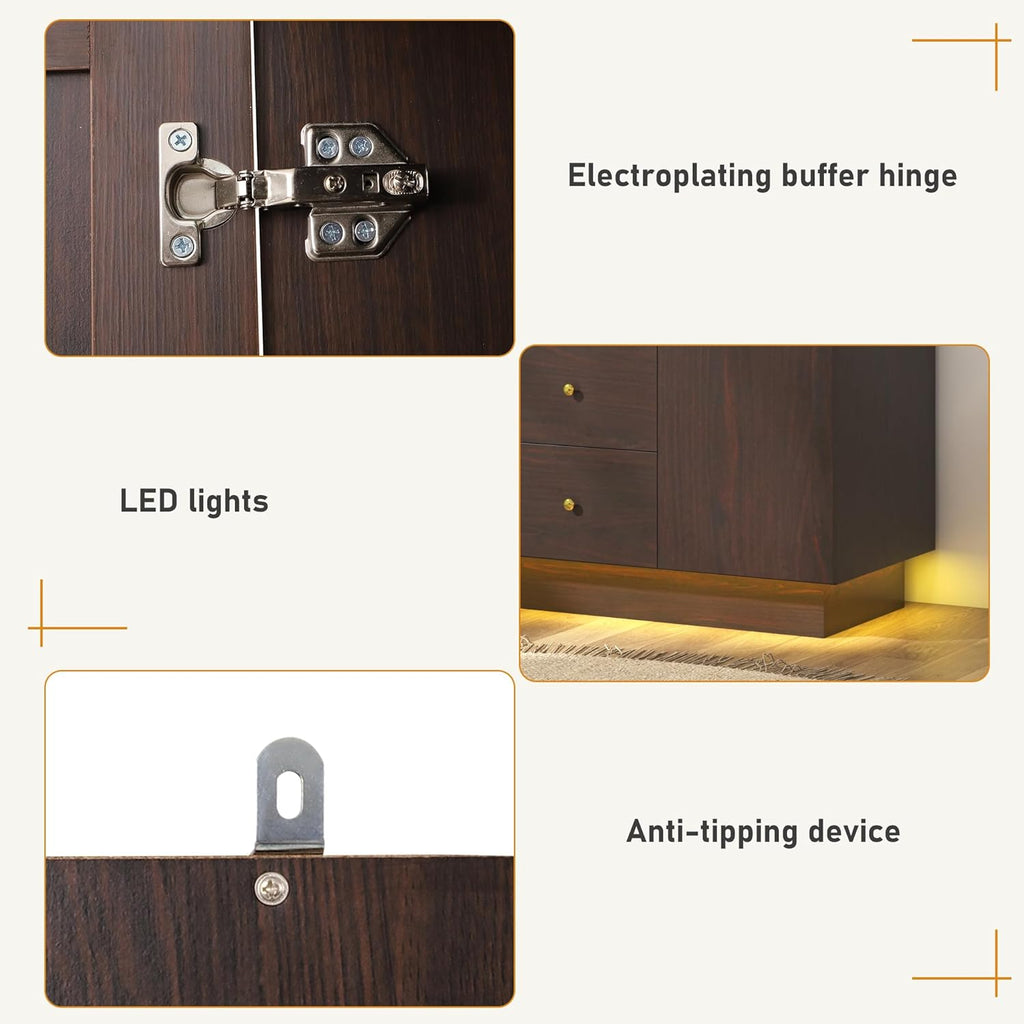 3 Doors Armoire Wardrobe Closet with Mirror, LED Armoire with Doors and Drawers, Wooden Armoire Storage Cabinet with Hanging Rod, Adjustable Shelves, Brown - Grand Goldman