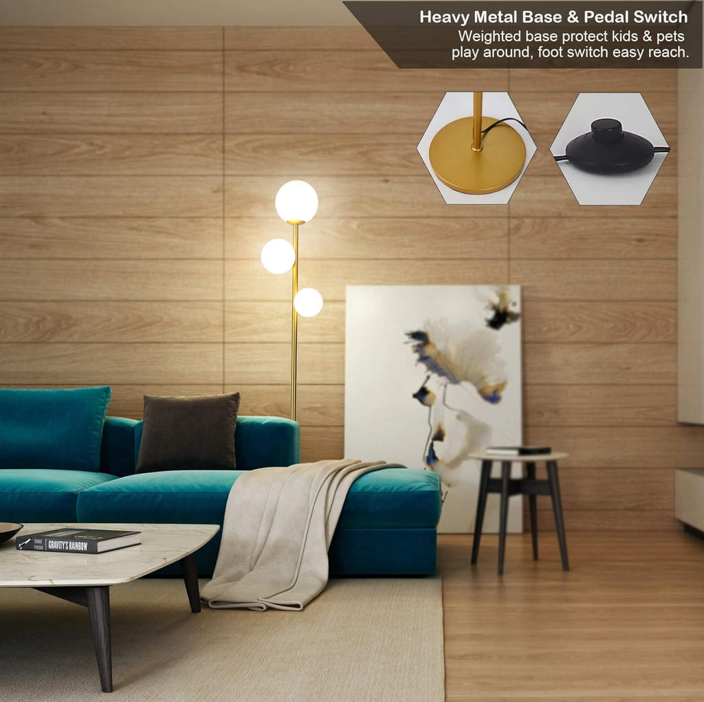 3 Globe Mid Century Modern Floor Lamp for Living Room, Contemporary Gold Lamp with Frosted Glass Shade and Bulbs Included, LED Standing Tall Pole Lamp for Bedrooms, Office - Antique Brass - Grand Goldman