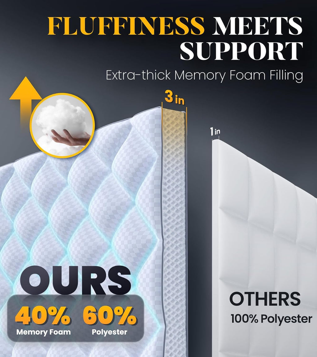 3 Inch Ultra-Fluffy Memory Foam Mattress Topper Queen for Back Pain, Extra Soft Pillow Top Queen Mattress Topper with 4X Support, Mattress Pad with Breathable Air Mesh Sides, 6-21'' Deep Pocket - Grand Goldman