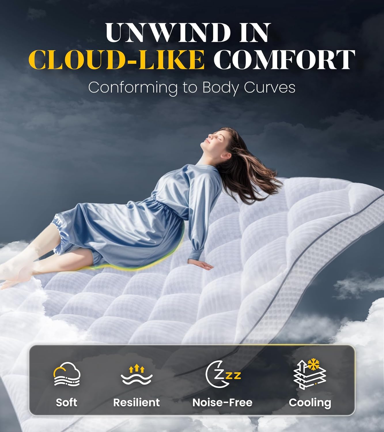 3 Inch Ultra-Fluffy Memory Foam Mattress Topper Queen for Back Pain, Extra Soft Pillow Top Queen Mattress Topper with 4X Support, Mattress Pad with Breathable Air Mesh Sides, 6-21'' Deep Pocket - Grand Goldman