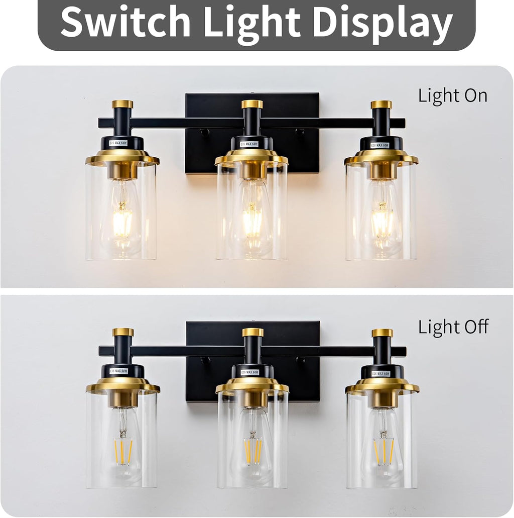 3 Light Bathroom Light Fixtures, Black and Brushed Gold Vanity Light Fixture Over Mirror, Modern Wall Sconces Lighting Wall Lamp for Bathroom, Bedroom, Hallway with Clear Glass Shade - Grand Goldman
