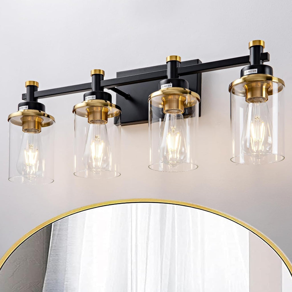 3 Light Bathroom Light Fixtures, Black and Brushed Gold Vanity Light Fixture Over Mirror, Modern Wall Sconces Lighting Wall Lamp for Bathroom, Bedroom, Hallway with Clear Glass Shade - Grand Goldman
