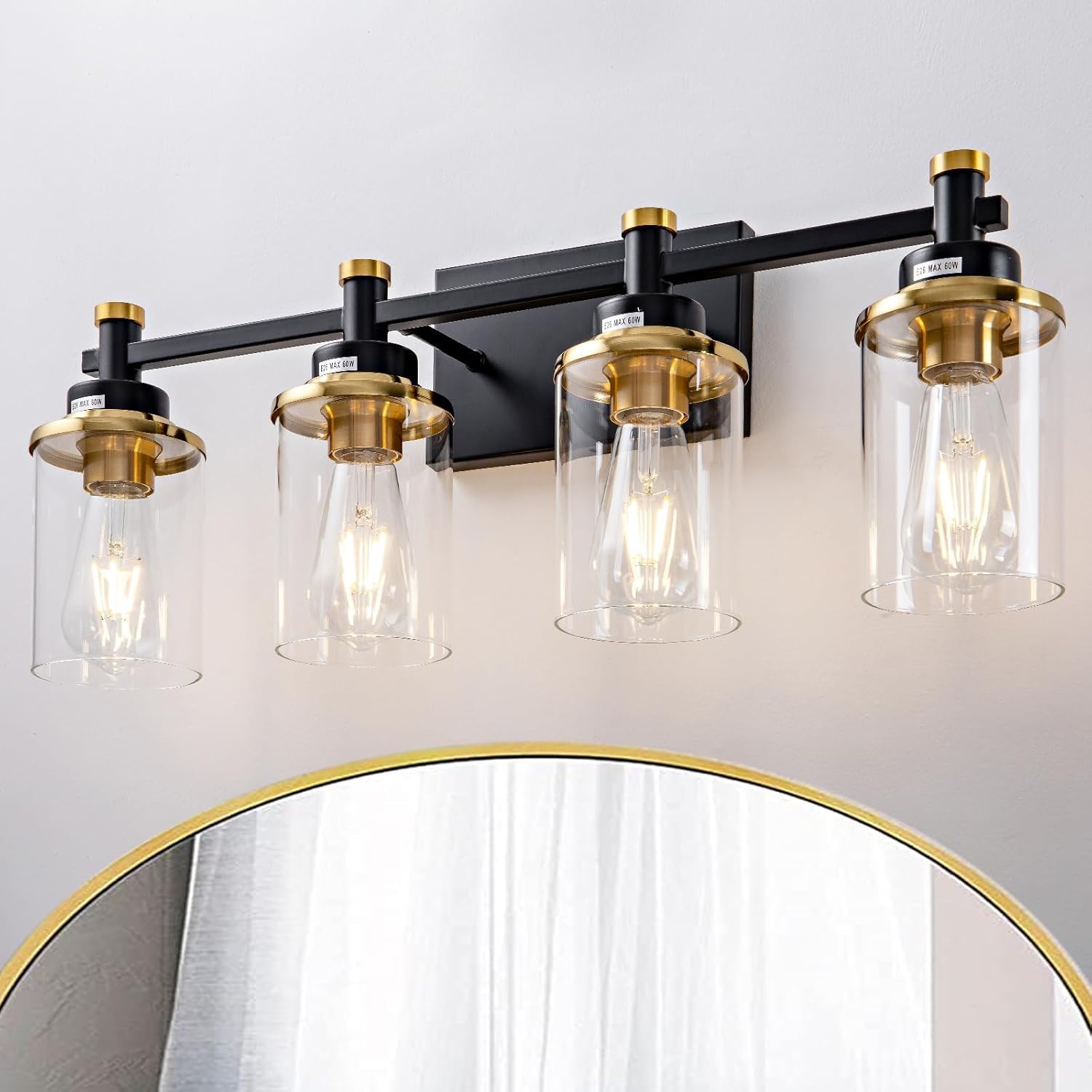 3 Light Bathroom Light Fixtures, Black and Brushed Gold Vanity Light Fixture Over Mirror, Modern Wall Sconces Lighting Wall Lamp for Bathroom, Bedroom, Hallway with Clear Glass Shade - Grand Goldman