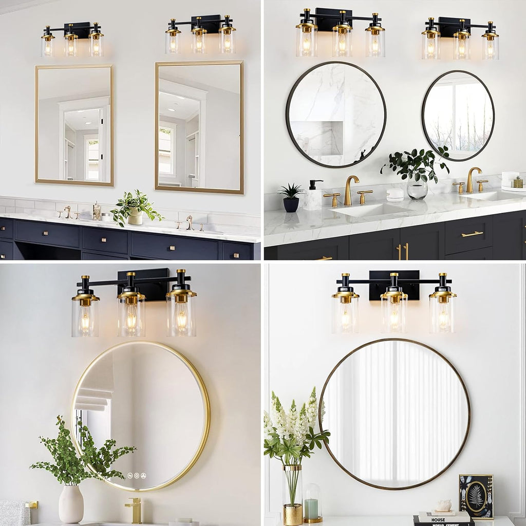 3 Light Bathroom Light Fixtures, Black and Brushed Gold Vanity Light Fixture Over Mirror, Modern Wall Sconces Lighting Wall Lamp for Bathroom, Bedroom, Hallway with Clear Glass Shade - Grand Goldman