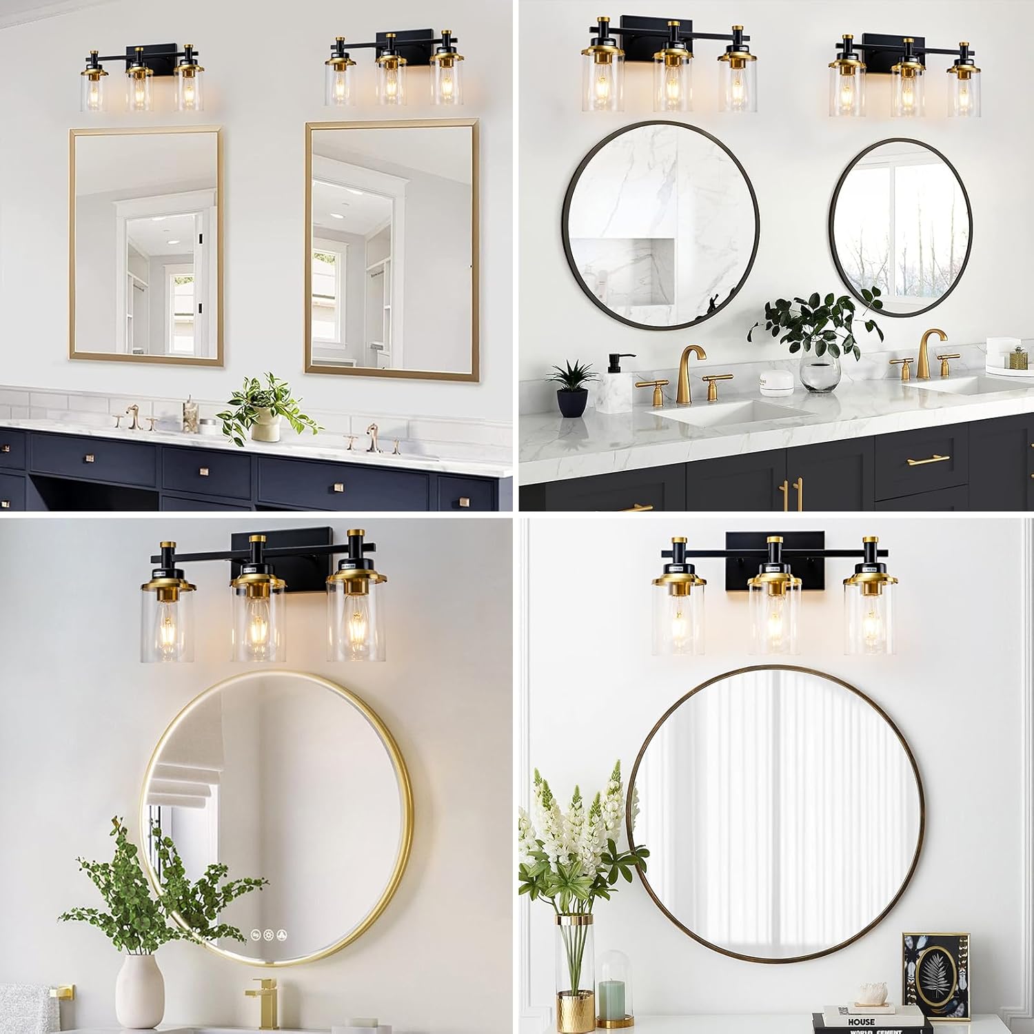 3 Light Bathroom Light Fixtures, Black and Brushed Gold Vanity Light Fixture Over Mirror, Modern Wall Sconces Lighting Wall Lamp for Bathroom, Bedroom, Hallway with Clear Glass Shade - Grand Goldman