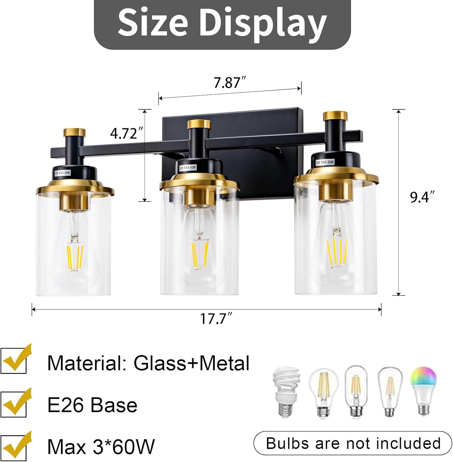 3 Light Bathroom Light Fixtures, Black and Brushed Gold Vanity Light Fixture Over Mirror, Modern Wall Sconces Lighting Wall Lamp for Bathroom, Bedroom, Hallway with Clear Glass Shade - Grand Goldman