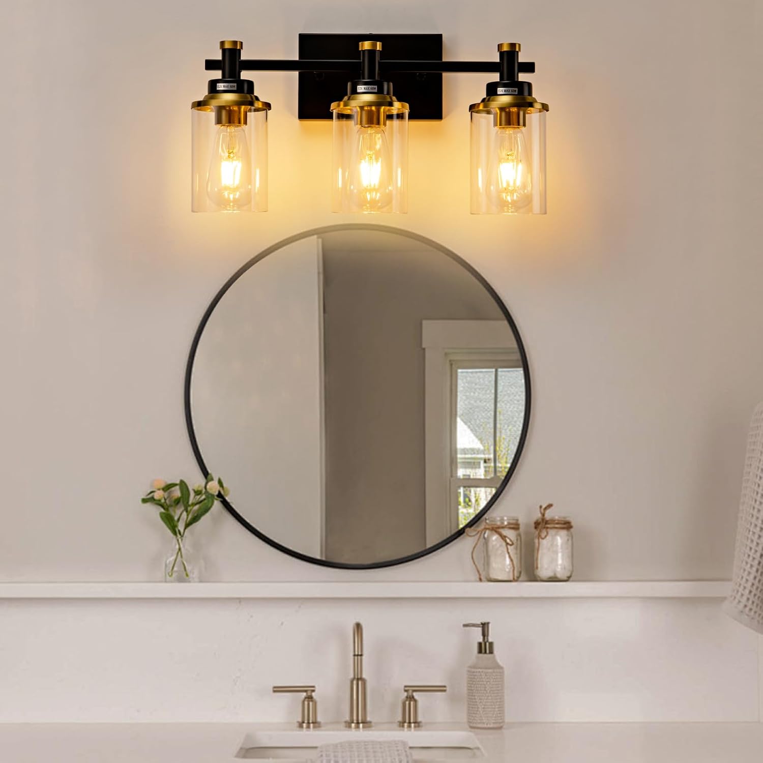 3 Light Bathroom Light Fixtures, Black and Brushed Gold Vanity Light Fixture Over Mirror, Modern Wall Sconces Lighting Wall Lamp for Bathroom, Bedroom, Hallway with Clear Glass Shade - Grand Goldman