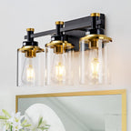 3 Light Bathroom Light Fixtures, Black and Brushed Gold Vanity Light Fixture Over Mirror, Modern Wall Sconces Lighting Wall Lamp for Bathroom, Bedroom, Hallway with Clear Glass Shade - Grand Goldman