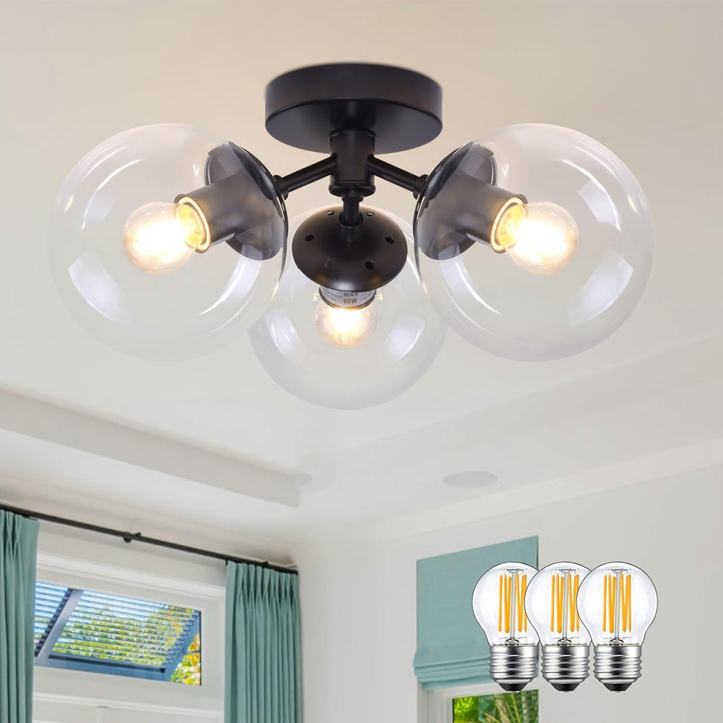 3 Light Mid Century Modern Black Semi Flush Mount Ceiling Light Milk Glass Globe Ceiling Lights Brass Chandelier 3 Light Sputnik Ceiling Light Fixture for Bedroom Living Room Hallway Entryway - Grand Goldman