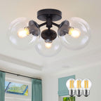3 Light Mid Century Modern Black Semi Flush Mount Ceiling Light Milk Glass Globe Ceiling Lights Brass Chandelier 3 Light Sputnik Ceiling Light Fixture for Bedroom Living Room Hallway Entryway - Grand Goldman