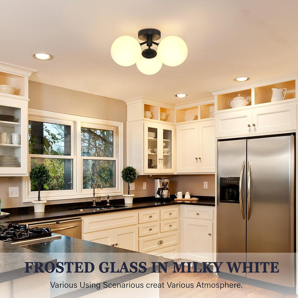 3 Light Mid Century Modern Black Semi Flush Mount Ceiling Light Milk Glass Globe Ceiling Lights Brass Chandelier 3 Light Sputnik Ceiling Light Fixture for Bedroom Living Room Hallway Entryway - Grand Goldman