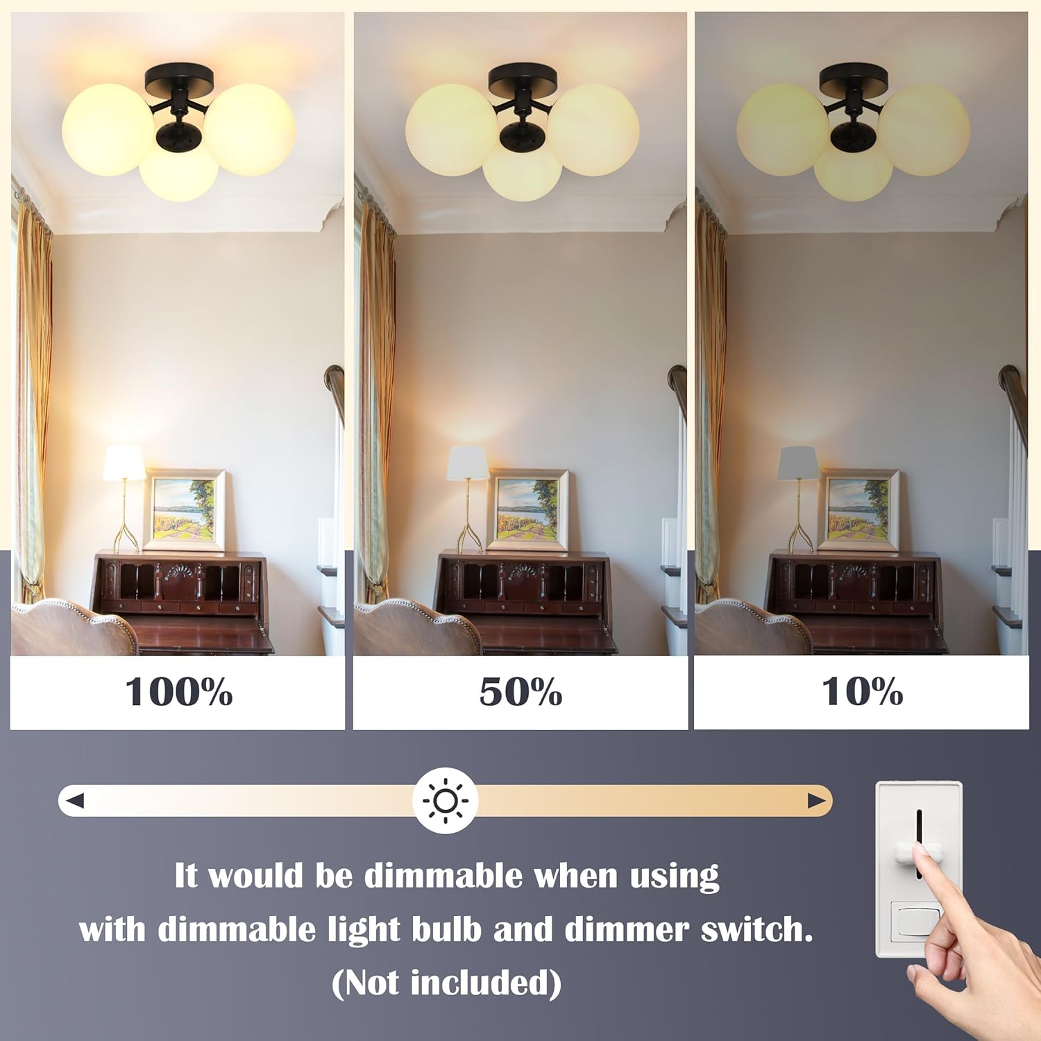 3 Light Mid Century Modern Black Semi Flush Mount Ceiling Light Milk Glass Globe Ceiling Lights Brass Chandelier 3 Light Sputnik Ceiling Light Fixture for Bedroom Living Room Hallway Entryway - Grand Goldman