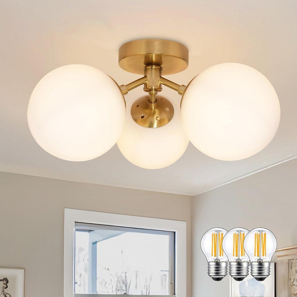 3 Light Mid Century Modern Black Semi Flush Mount Ceiling Light Milk Glass Globe Ceiling Lights Brass Chandelier 3 Light Sputnik Ceiling Light Fixture for Bedroom Living Room Hallway Entryway - Grand Goldman
