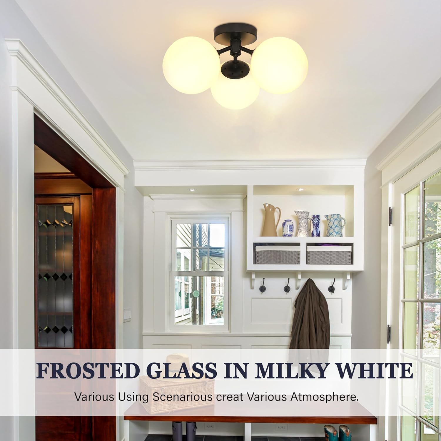 3 Light Mid Century Modern Black Semi Flush Mount Ceiling Light Milk Glass Globe Ceiling Lights Brass Chandelier 3 Light Sputnik Ceiling Light Fixture for Bedroom Living Room Hallway Entryway - Grand Goldman