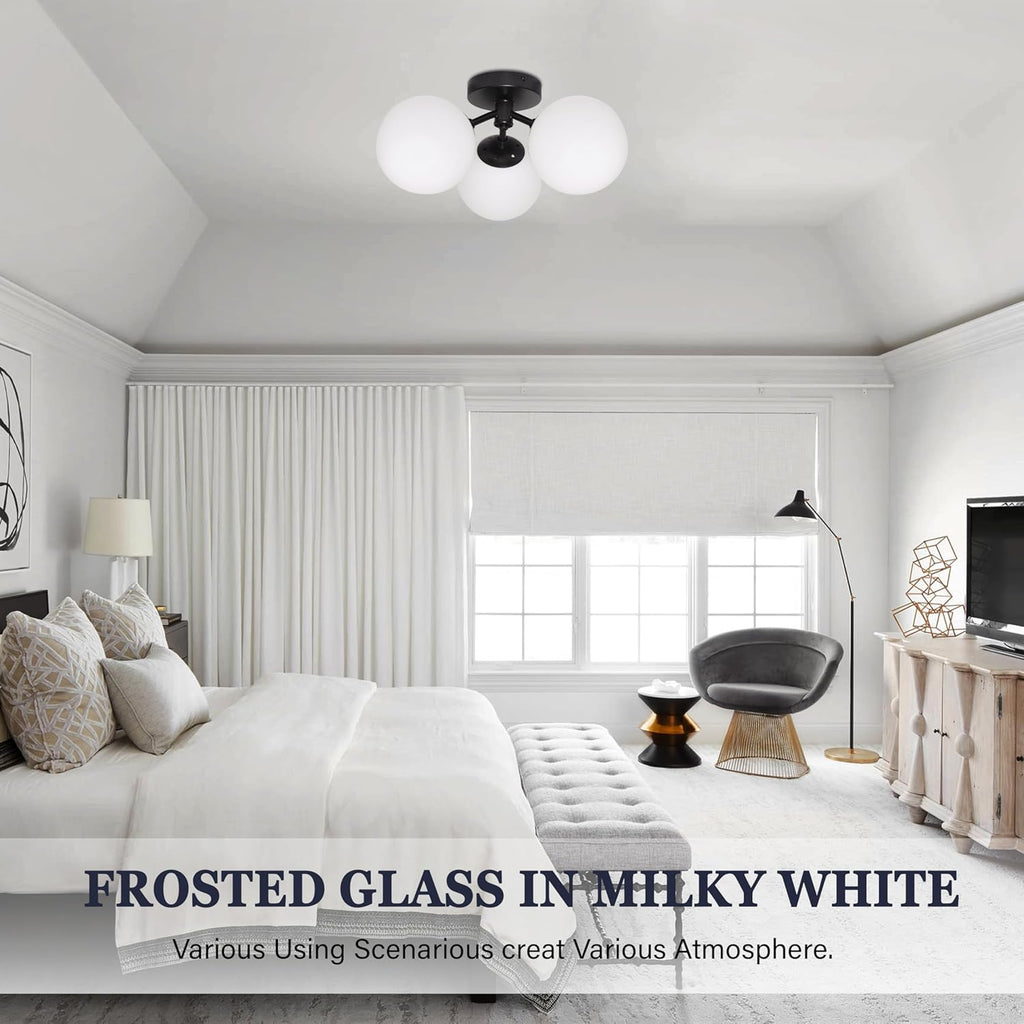 3 Light Mid Century Modern Black Semi Flush Mount Ceiling Light Milk Glass Globe Ceiling Lights Brass Chandelier 3 Light Sputnik Ceiling Light Fixture for Bedroom Living Room Hallway Entryway - Grand Goldman
