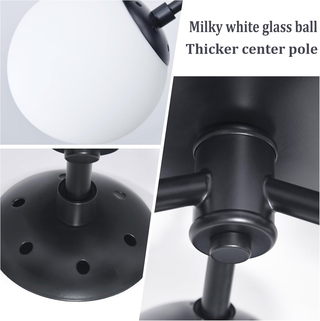 3 Light Mid Century Modern Black Semi Flush Mount Ceiling Light Milk Glass Globe Ceiling Lights Brass Chandelier 3 Light Sputnik Ceiling Light Fixture for Bedroom Living Room Hallway Entryway - Grand Goldman