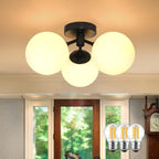 3 Light Mid Century Modern Black Semi Flush Mount Ceiling Light Milk Glass Globe Ceiling Lights Brass Chandelier 3 Light Sputnik Ceiling Light Fixture for Bedroom Living Room Hallway Entryway - Grand Goldman