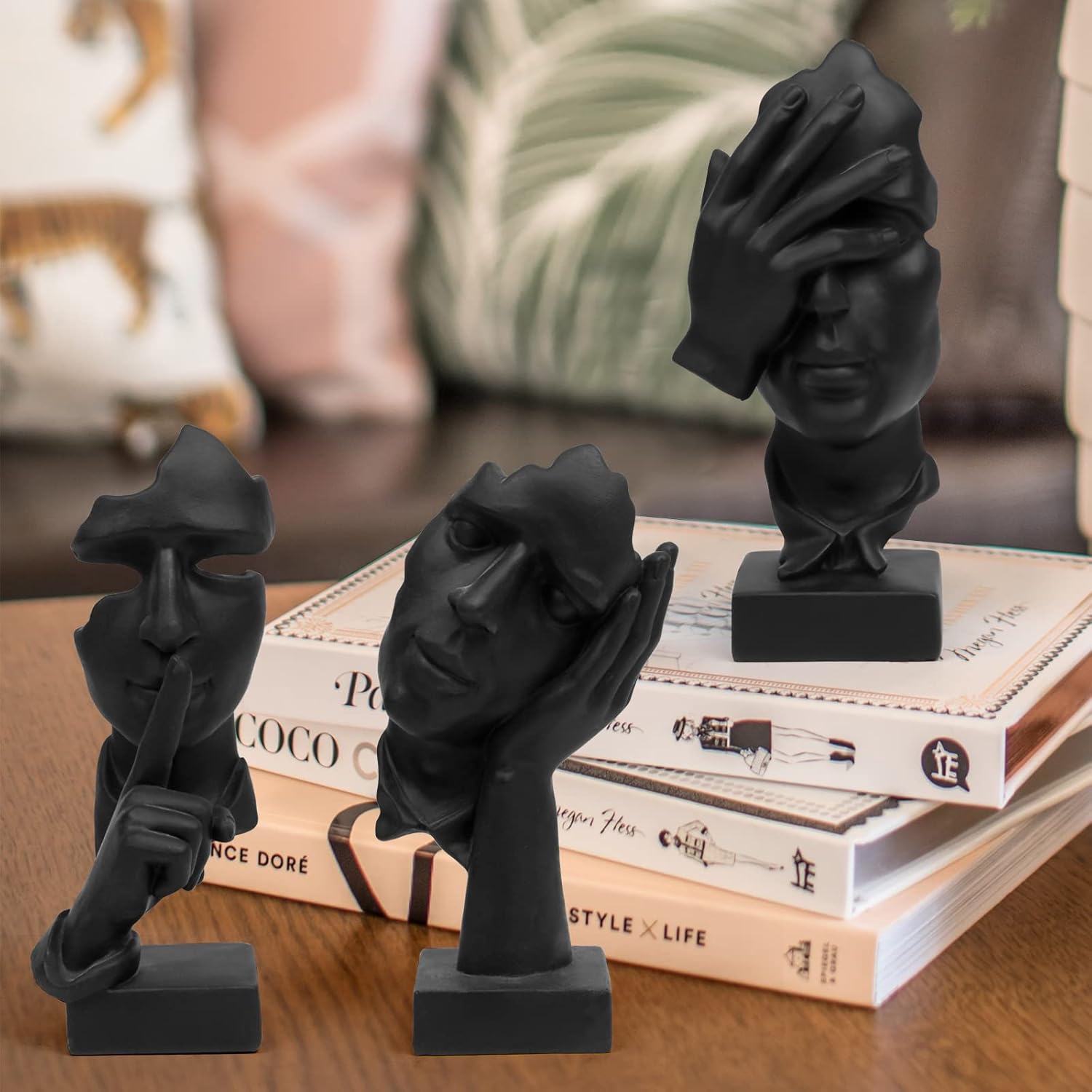 3 Pcs Thinker Statue, Silence is Gold Abstract Art Figurine, No Hear No See No Speak Modern Home Resin Sculptures Decorative Objects Decor for Home Office Bookshelf Desktop(Black) (A-41) - Grand Goldman