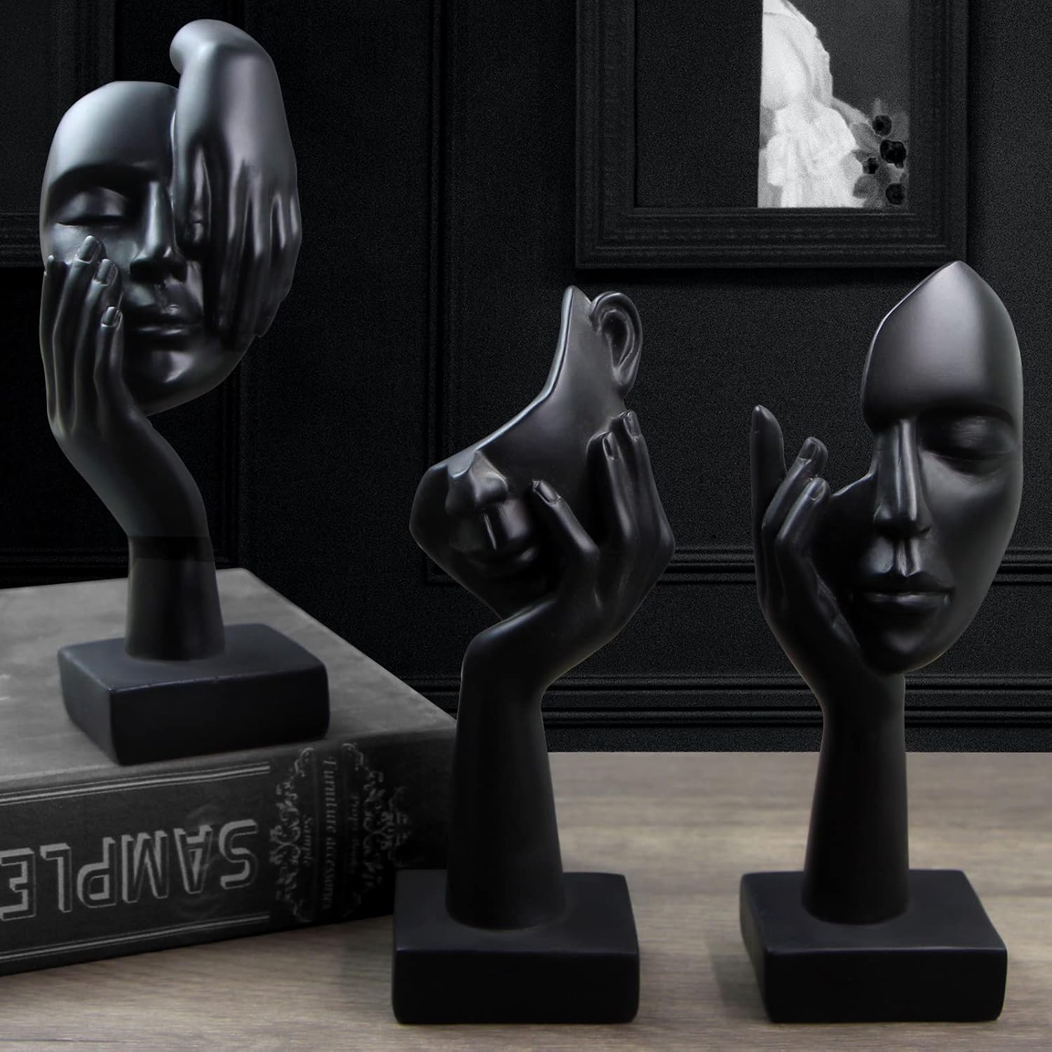 3 Pcs Thinker Statue, Silence is Gold Abstract Art Figurine, No Hear No See No Speak Modern Home Resin Sculptures Decorative Objects Decor for Home Office Bookshelf Desktop(Black) (A-41) - Grand Goldman