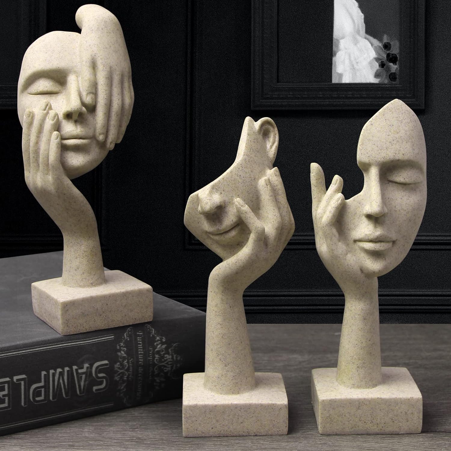 3 Pcs Thinker Statue, Silence is Gold Abstract Art Figurine, No Hear No See No Speak Modern Home Resin Sculptures Decorative Objects Decor for Home Office Bookshelf Desktop(Black) (A-41) - Grand Goldman