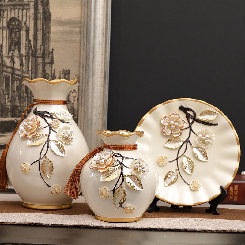 3 Piece Floral European-style Ceramic Vase Set - Grand Goldman