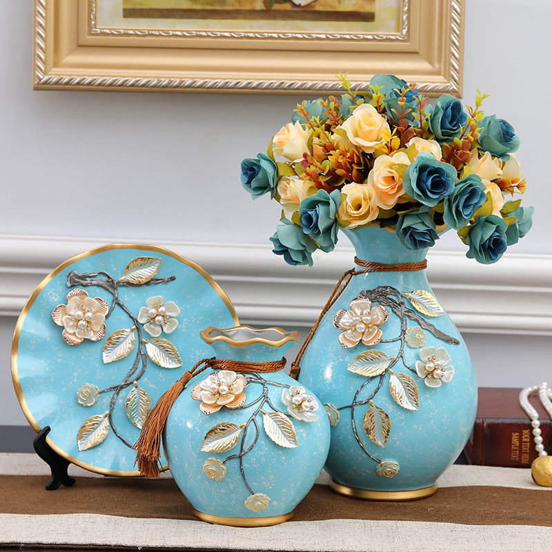 3 Piece Floral European-style Ceramic Vase Set - Grand Goldman
