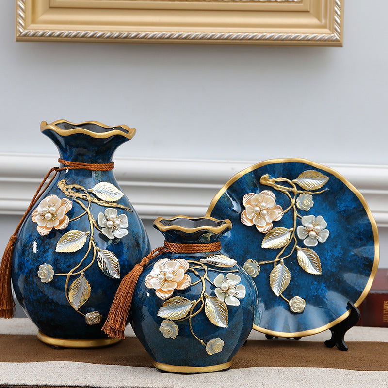 3 Piece Floral European-style Ceramic Vase Set - Grand Goldman