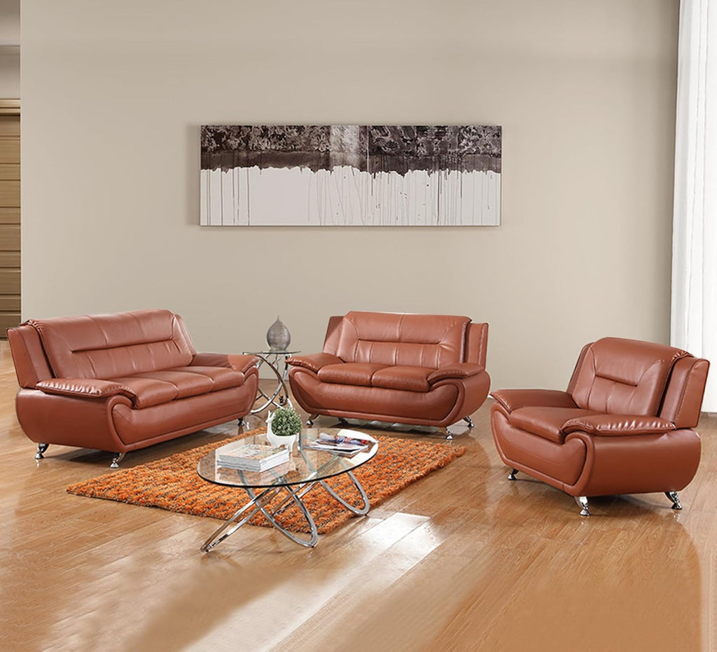 3 Piece Living Room Furniture Set, Leather Sofa Set for Living Room, Modern Couch Set with 3-Seater Sofa, Loveseat and Armchair (Cream White) - Grand Goldman