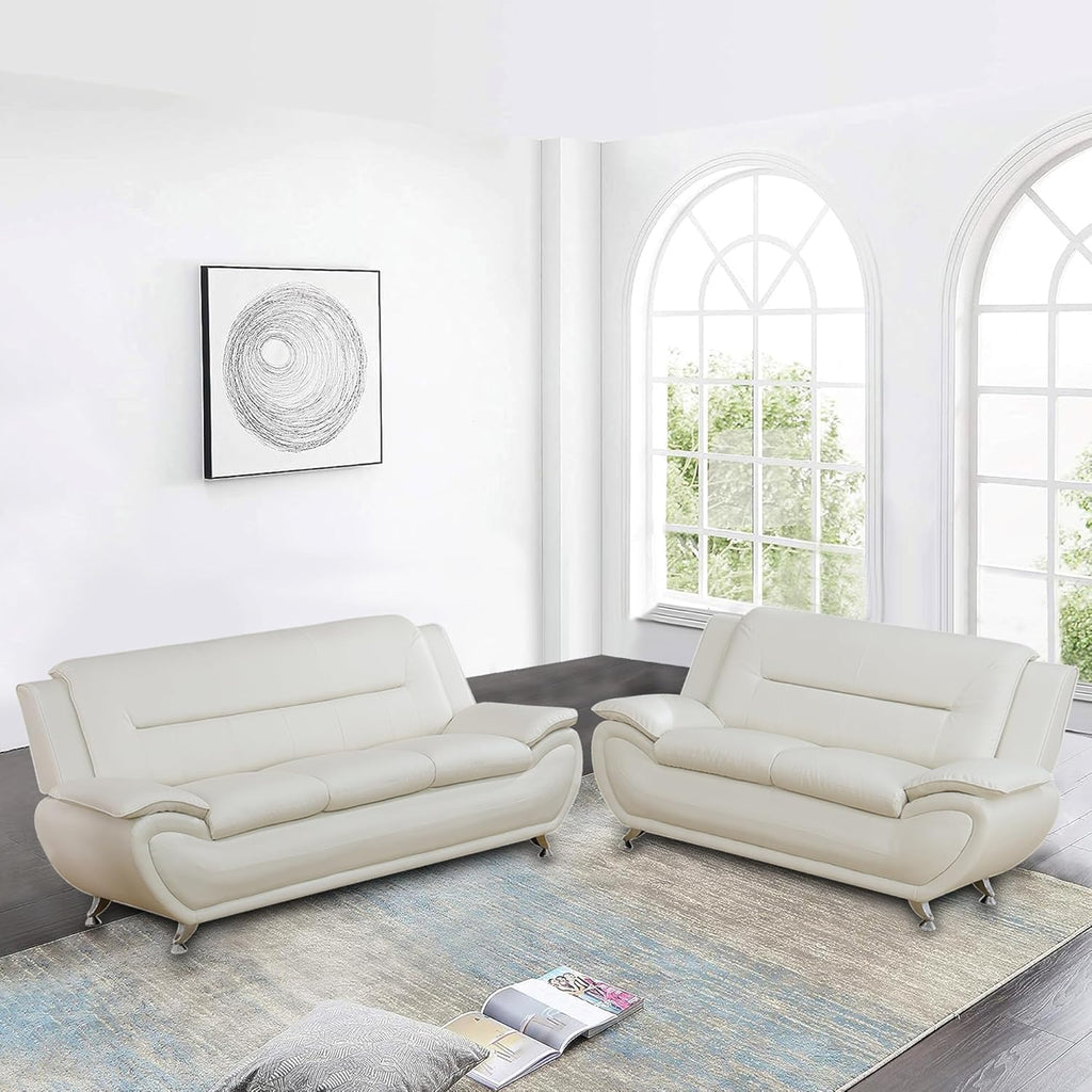 3 Piece Living Room Furniture Set, Leather Sofa Set for Living Room, Modern Couch Set with 3-Seater Sofa, Loveseat and Armchair (Cream White) - Grand Goldman