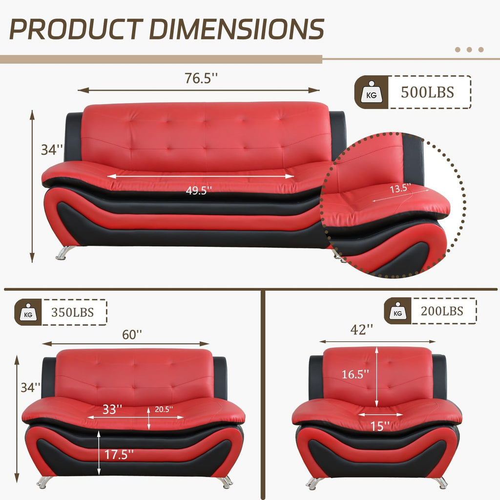 3 Piece Living Room Furniture Set, Leather Sofa Set for Living Room, Modern Couch Set with 3-Seater Sofa, Loveseat and Armchair (Cream White) - Grand Goldman