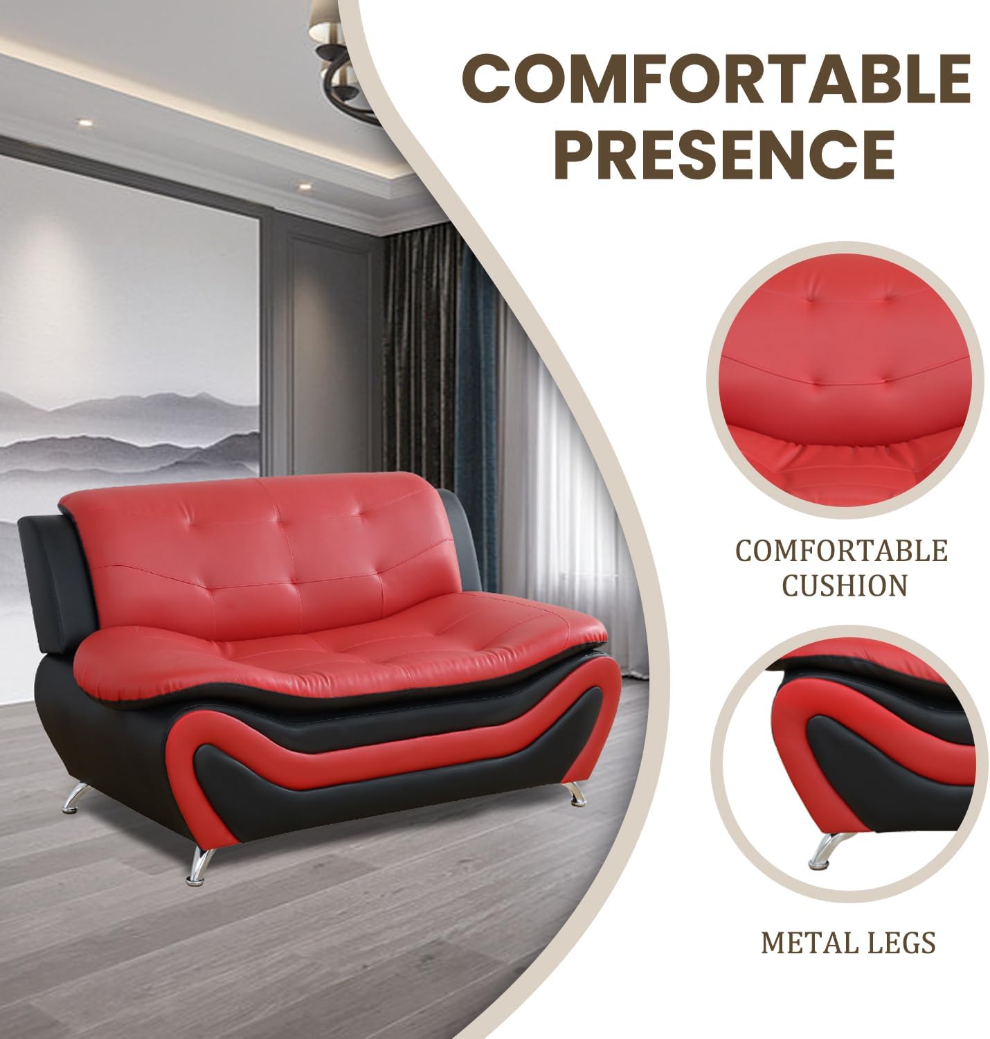 3 Piece Living Room Furniture Set, Leather Sofa Set for Living Room, Modern Couch Set with 3-Seater Sofa, Loveseat and Armchair (Cream White) - Grand Goldman