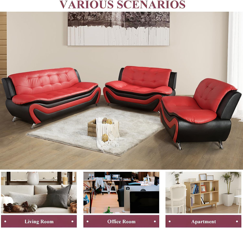 3 Piece Living Room Furniture Set, Leather Sofa Set for Living Room, Modern Couch Set with 3-Seater Sofa, Loveseat and Armchair (Cream White) - Grand Goldman