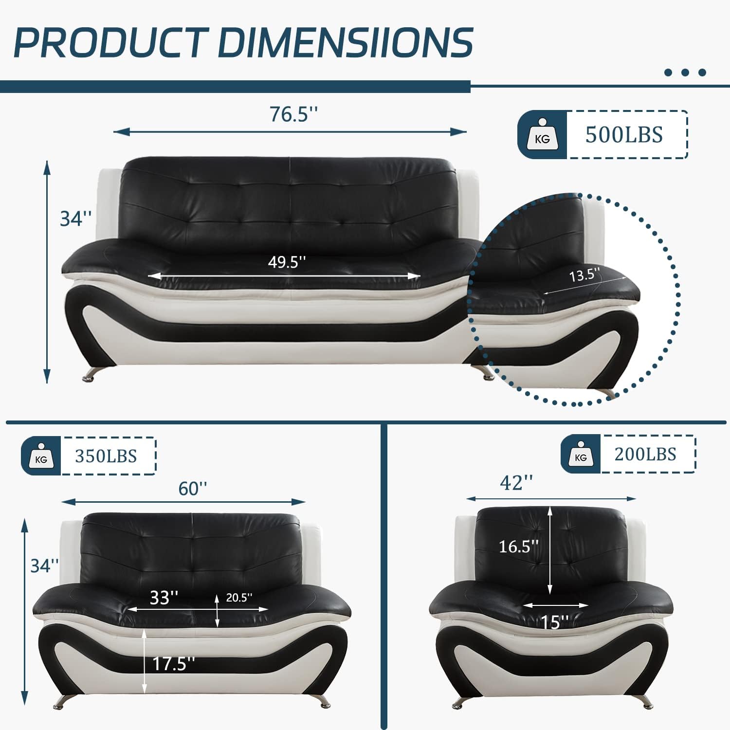 3 Piece Living Room Furniture Set, Leather Sofa Set for Living Room, Modern Couch Set with 3-Seater Sofa, Loveseat and Armchair (Cream White) - Grand Goldman