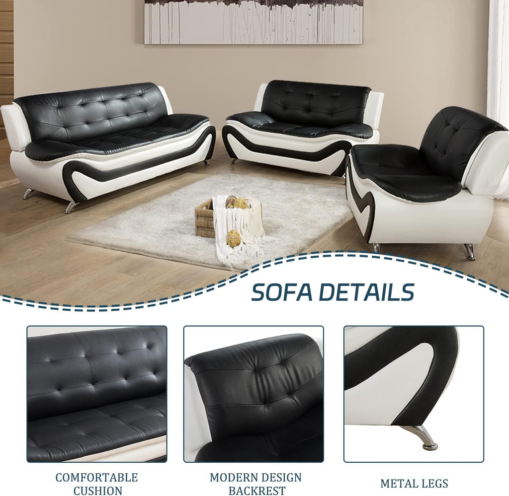 3 Piece Living Room Furniture Set, Leather Sofa Set for Living Room, Modern Couch Set with 3-Seater Sofa, Loveseat and Armchair (Cream White) - Grand Goldman