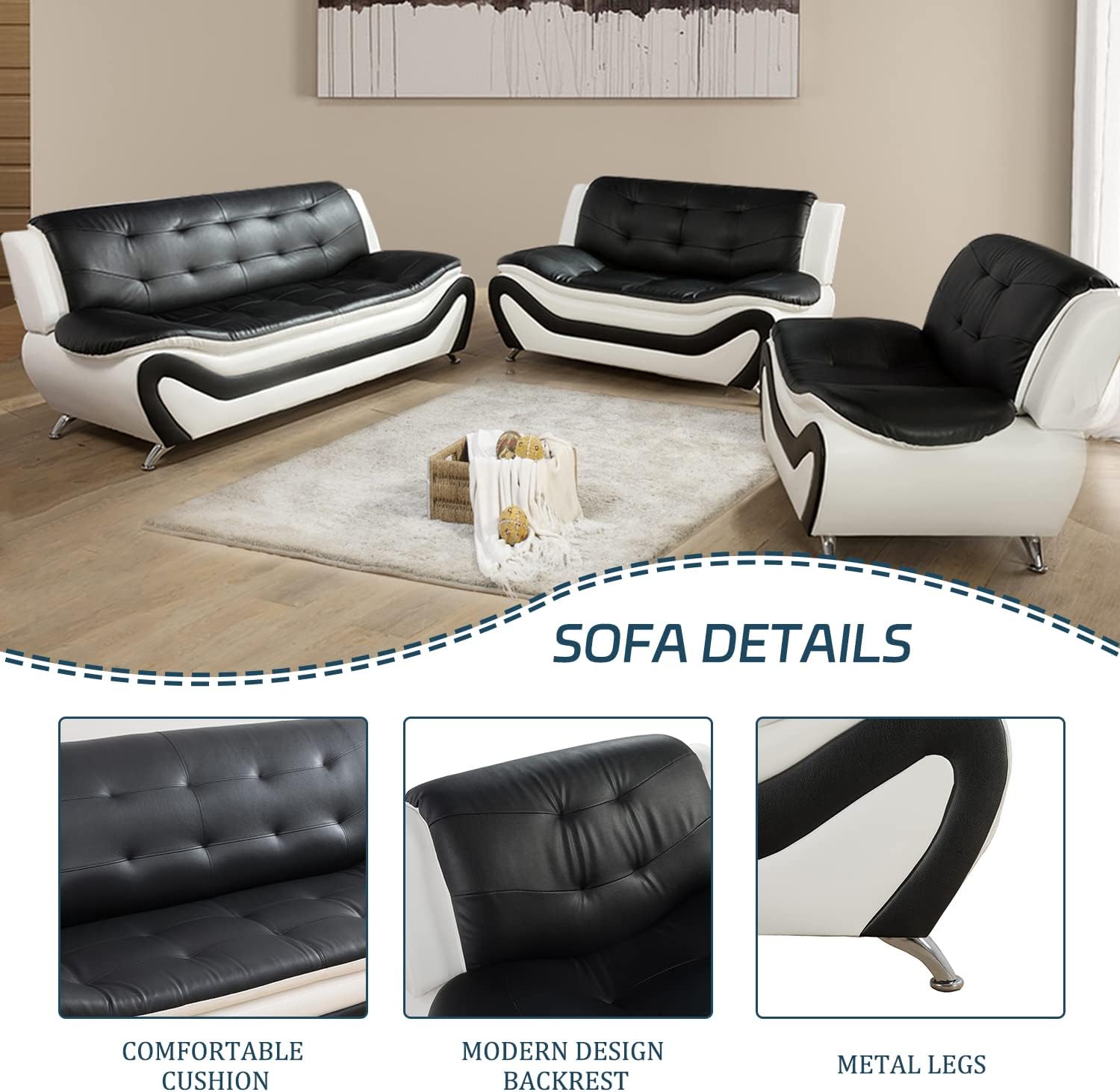 3 Piece Living Room Furniture Set, Leather Sofa Set for Living Room, Modern Couch Set with 3-Seater Sofa, Loveseat and Armchair (Cream White) - Grand Goldman