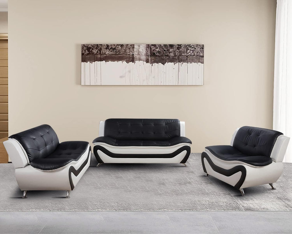 3 Piece Living Room Furniture Set, Leather Sofa Set for Living Room, Modern Couch Set with 3-Seater Sofa, Loveseat and Armchair (Cream White) - Grand Goldman