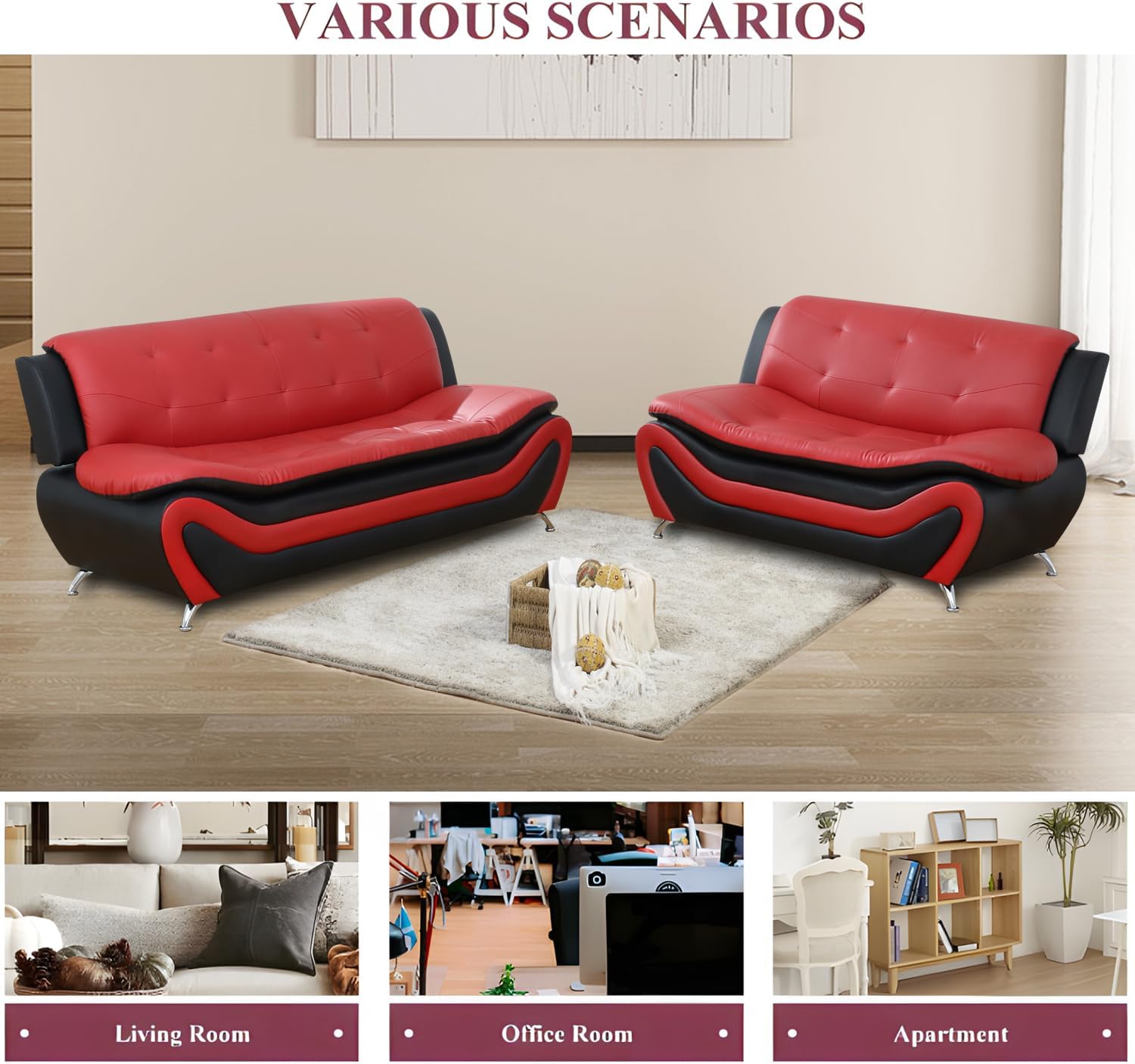 3 Piece Living Room Furniture Set, Leather Sofa Set for Living Room, Modern Couch Set with 3-Seater Sofa, Loveseat and Armchair (Cream White) - Grand Goldman