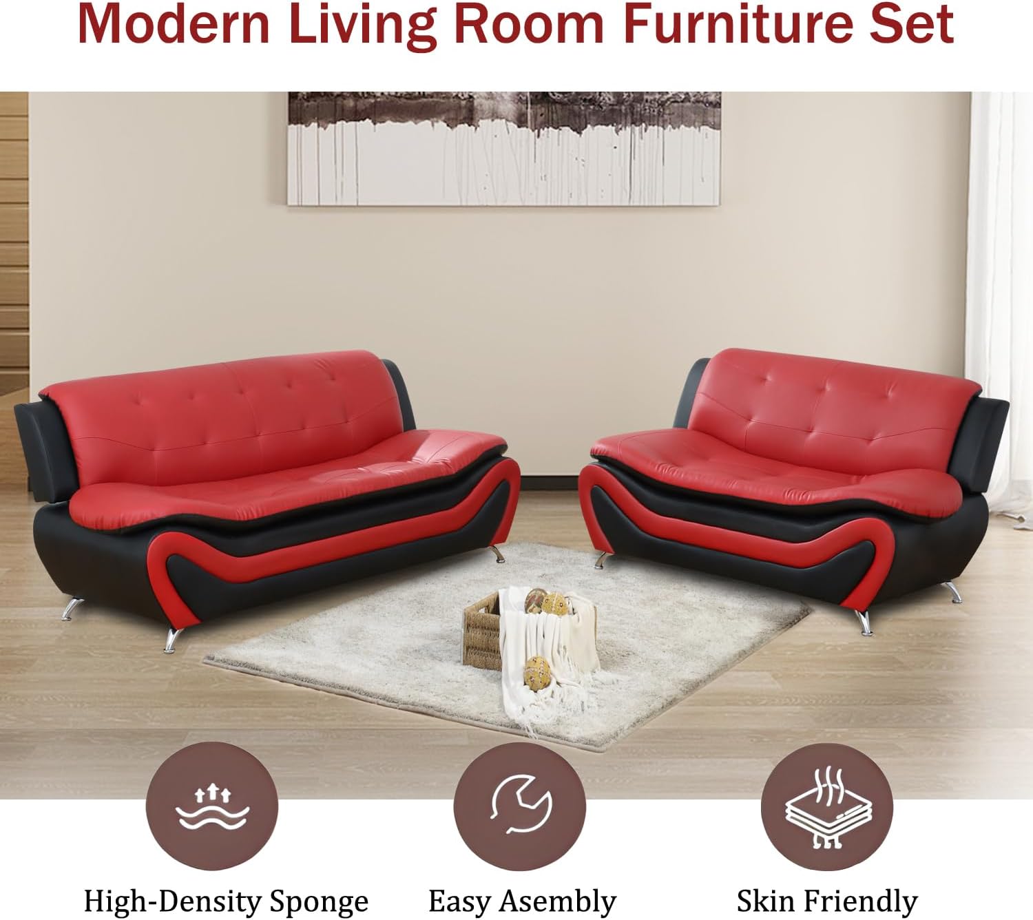 3 Piece Living Room Furniture Set, Leather Sofa Set for Living Room, Modern Couch Set with 3-Seater Sofa, Loveseat and Armchair (Cream White) - Grand Goldman