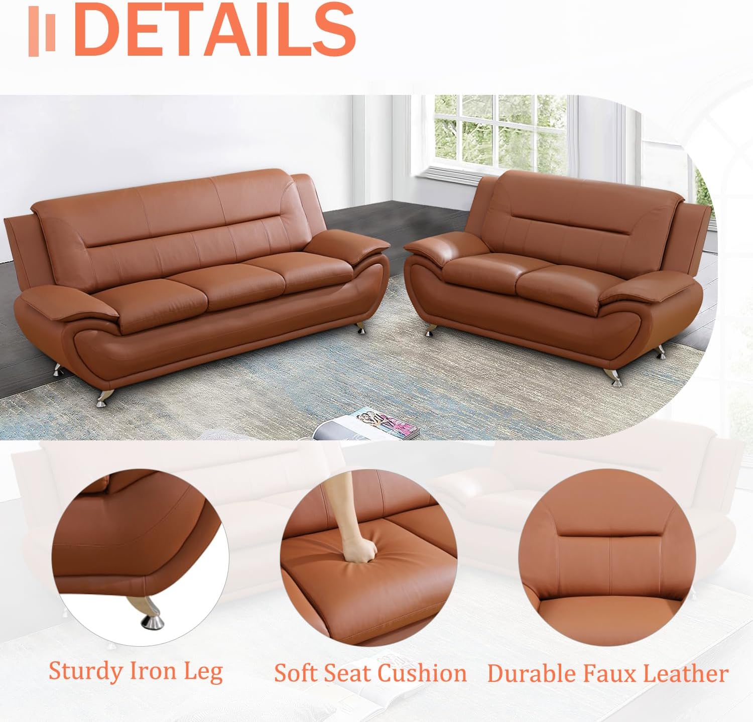 3 Piece Living Room Furniture Set, Leather Sofa Set for Living Room, Modern Couch Set with 3-Seater Sofa, Loveseat and Armchair (Cream White) - Grand Goldman