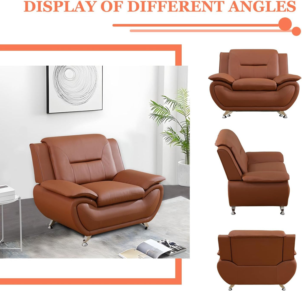 3 Piece Living Room Furniture Set, Leather Sofa Set for Living Room, Modern Couch Set with 3-Seater Sofa, Loveseat and Armchair (Cream White) - Grand Goldman