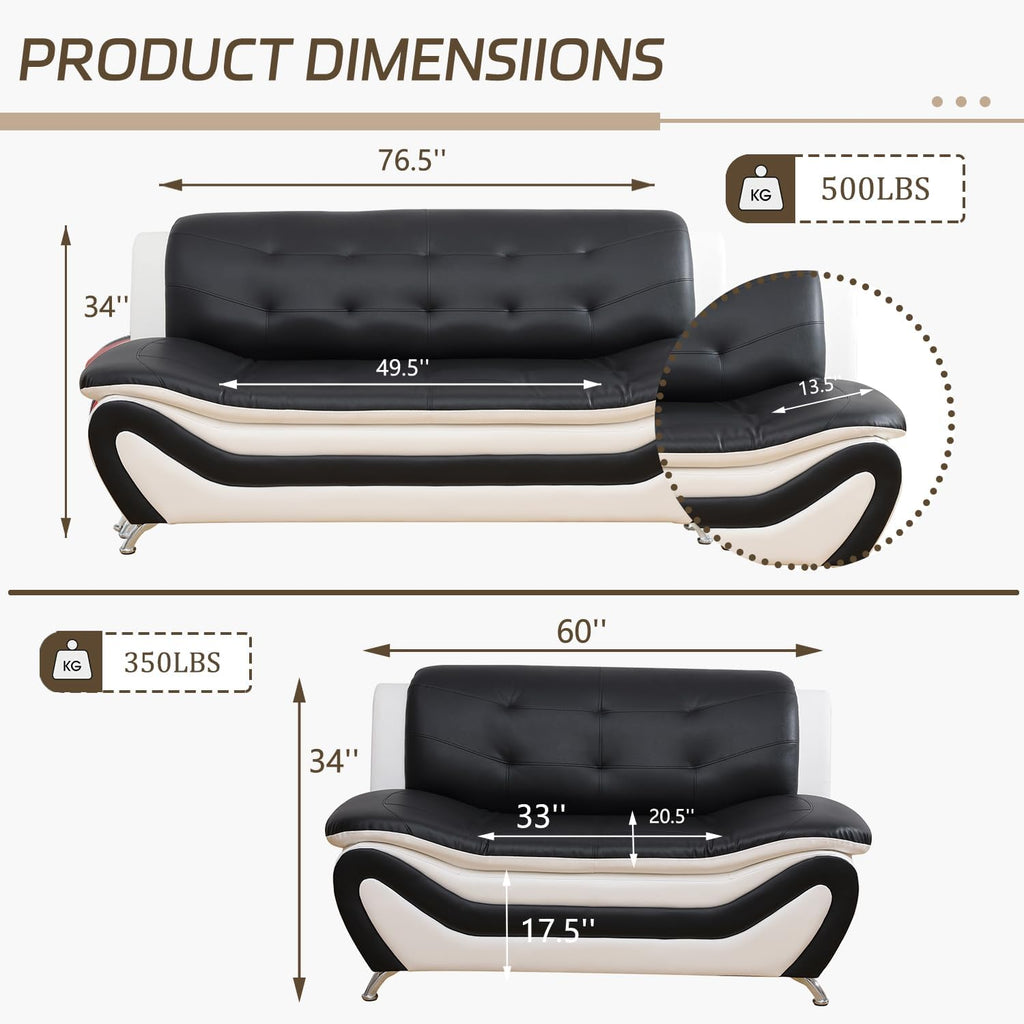3 Piece Living Room Furniture Set, Leather Sofa Set for Living Room, Modern Couch Set with 3-Seater Sofa, Loveseat and Armchair (Cream White) - Grand Goldman