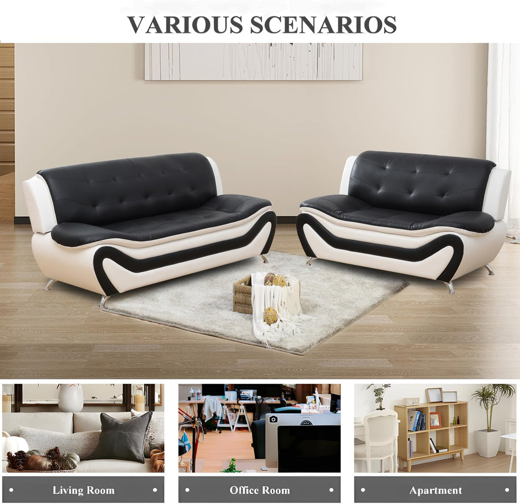 3 Piece Living Room Furniture Set, Leather Sofa Set for Living Room, Modern Couch Set with 3-Seater Sofa, Loveseat and Armchair (Cream White) - Grand Goldman