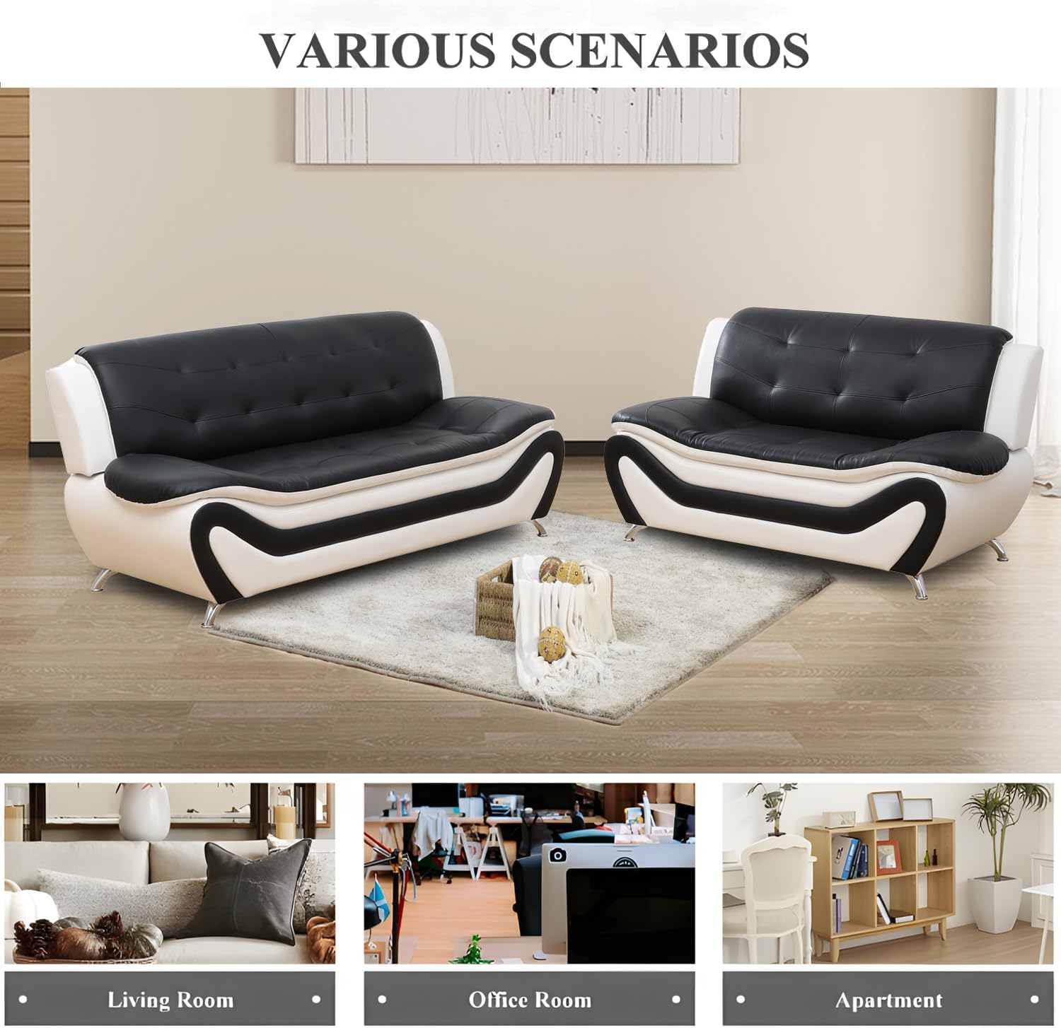 3 Piece Living Room Furniture Set, Leather Sofa Set for Living Room, Modern Couch Set with 3-Seater Sofa, Loveseat and Armchair (Cream White) - Grand Goldman