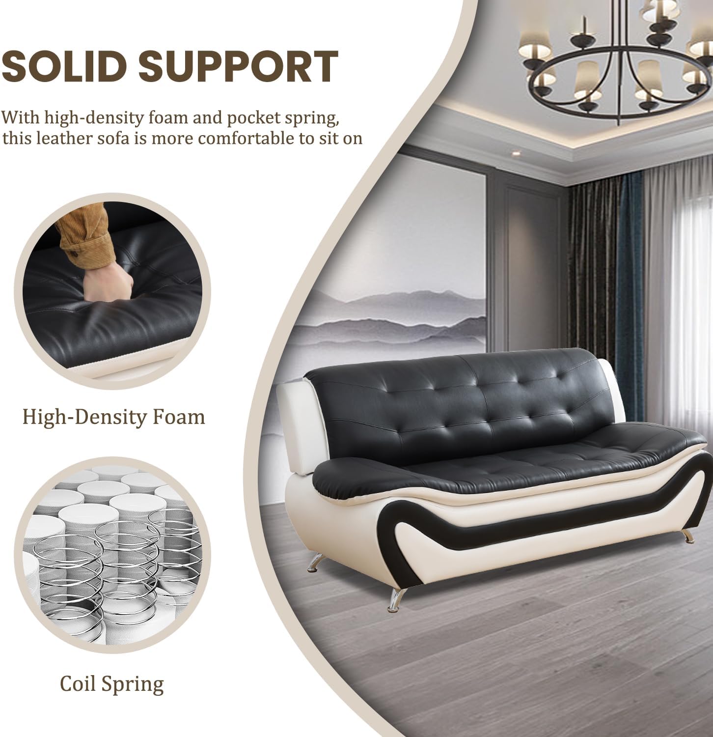 3 Piece Living Room Furniture Set, Leather Sofa Set for Living Room, Modern Couch Set with 3-Seater Sofa, Loveseat and Armchair (Cream White) - Grand Goldman